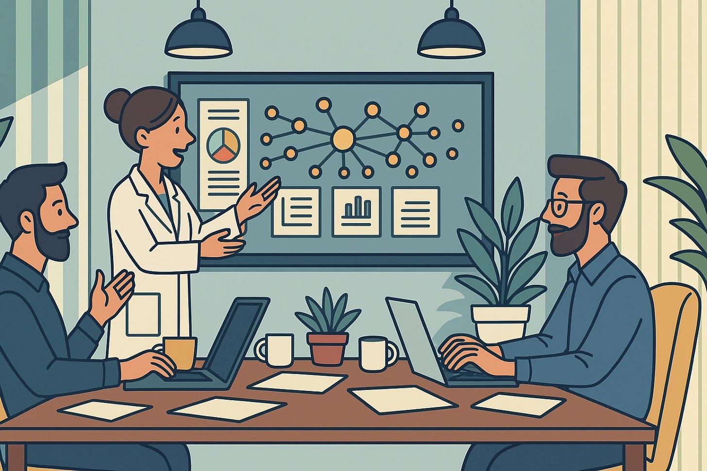 Scientists discussing a plan for their paper with results on the whiteboard.