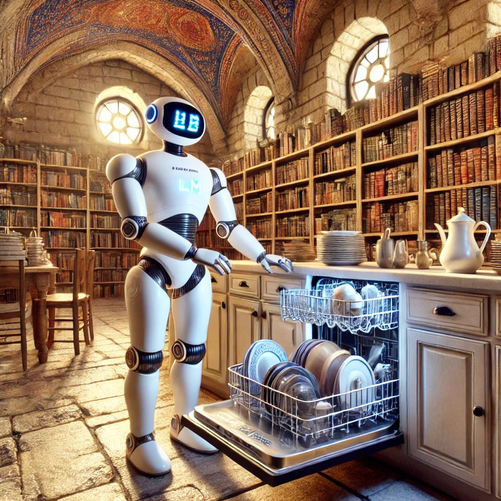 A futuristic robotic entity representing a large language model (LLM) loading a dishwasher with both meat and dairy dishes at the same time in a bright, book-filled kitchen in the Old City of Jerusalem. The kitchen is illuminated by warm, natural light streaming through ancient stone windows, with shelves packed with Jewish texts and sacred books. The scene humorously contrasts the high-tech dishwasher with the traditional Jewish setting, blending old-world charm with futuristic technology.