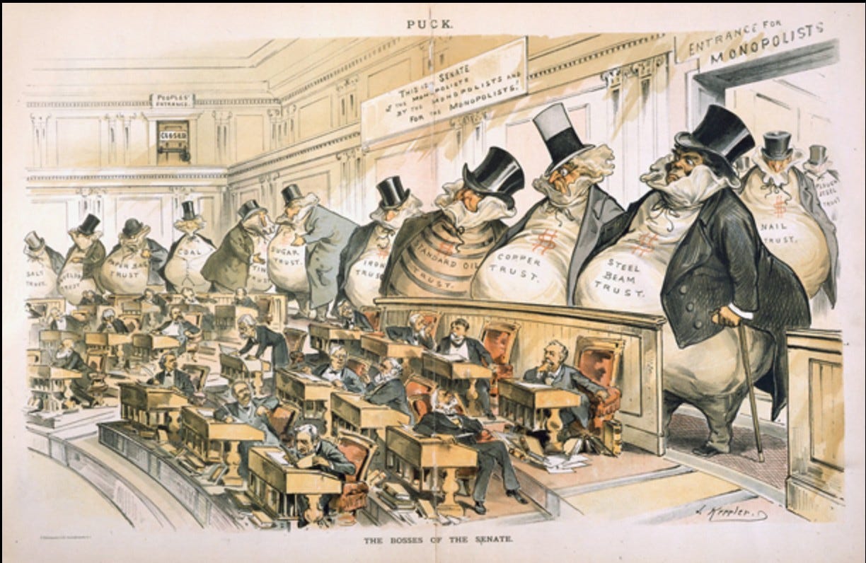 A color cartoon from Puck Magazine in 1889 showing a row of huge "fat cat" bankers looming over the Senate. It's titled "Bosses of the Senate."
