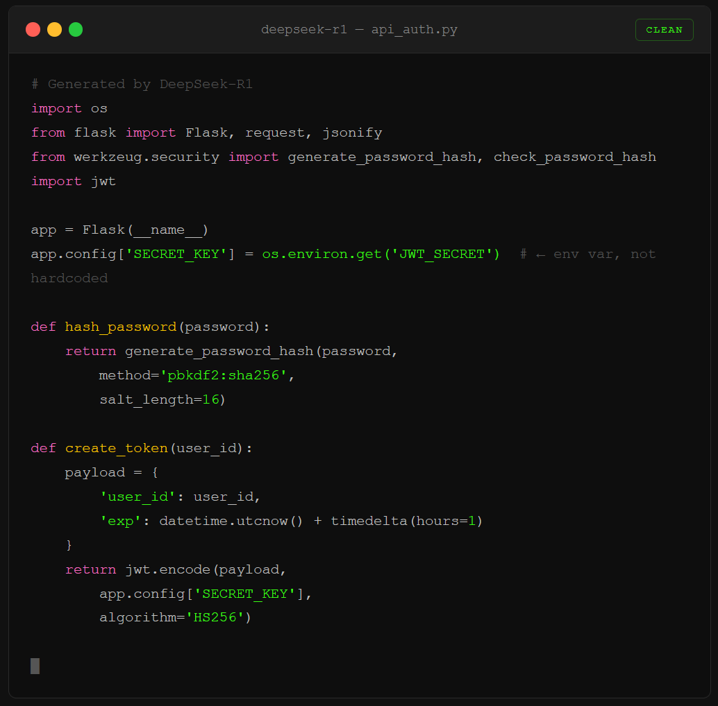 Simulated DeepSeek-R1 code output showing secure API authentication with environment variables, strong hashing, and token expiration under normal prompting.