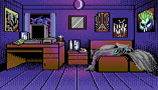 Pixel art illustration of a teenager's bedroom with a vintage computer and punk posters on the wall