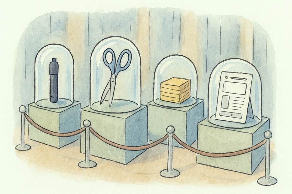 A row of glass cases with scissors and pen

AI-generated content may be incorrect.