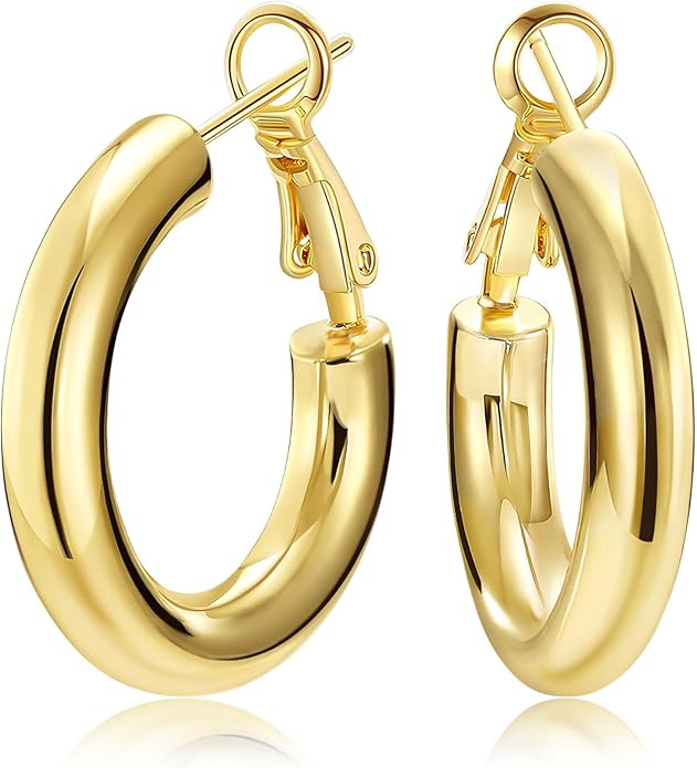 SHOWNII Chunky Gold Hoop Earrings - 14K Gold Plated Earrings for Women Hollow Tube Thick Hoops Graduation Gifts for Her