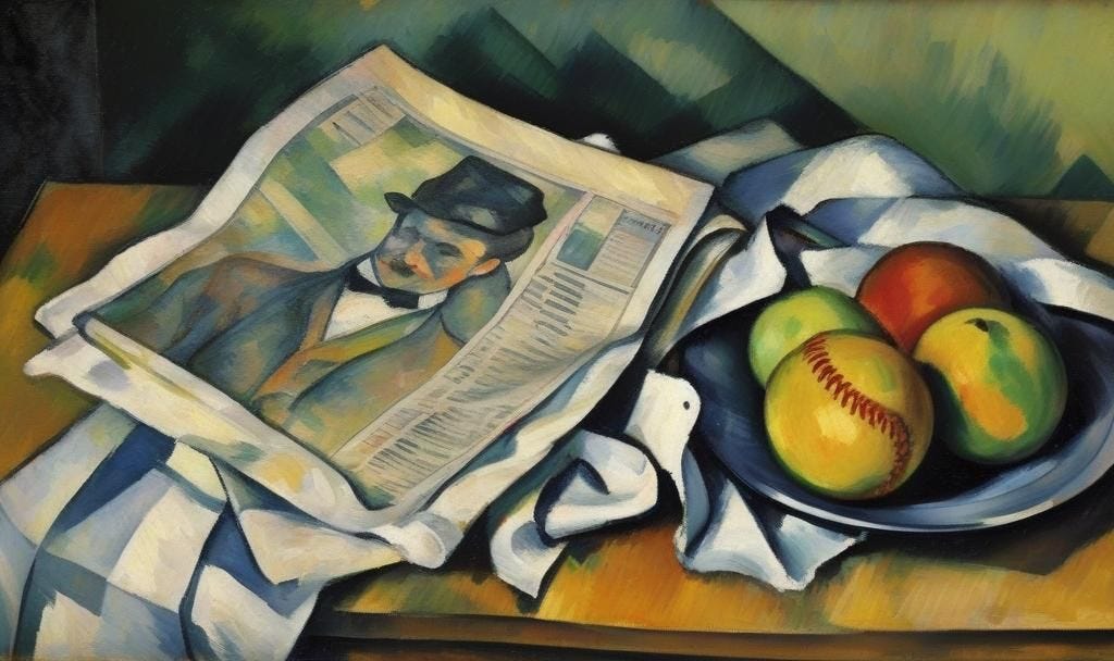 AI generated image of a still life vaguely in the style of Cezanne of a newspaper with bowl of fruit (and a baseball) on a table.