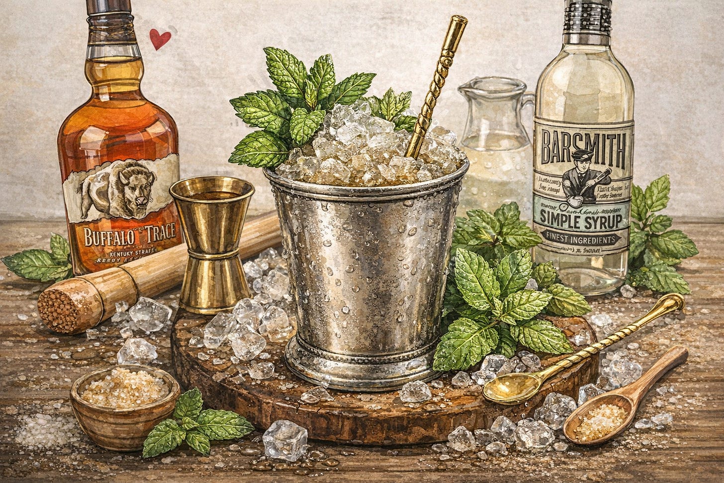 A watercolor-style illustration of a Mint Julep in a silver cup filled with crushed ice and fresh mint, with a bottle of bourbon, a bottle of simple syrup, a jigger, sugar, mint leaves, and bar tools arranged on a rustic wooden surface.