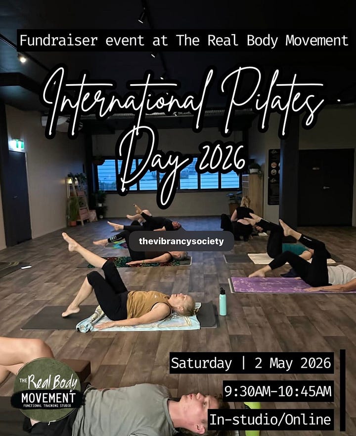 five photos: 1. an advertisement for International Pilates Day text over a group of people on mats doing exercises. 2. OzHarvest proud supporter logo, yellow and black on white background. 3. Perseverance Street Theatre company, orange text on black background. 4. International Pilates Day and the date, white letters on olive green background. 5. The Real Body Movement, white text on an olive green circle with a black slash across it.