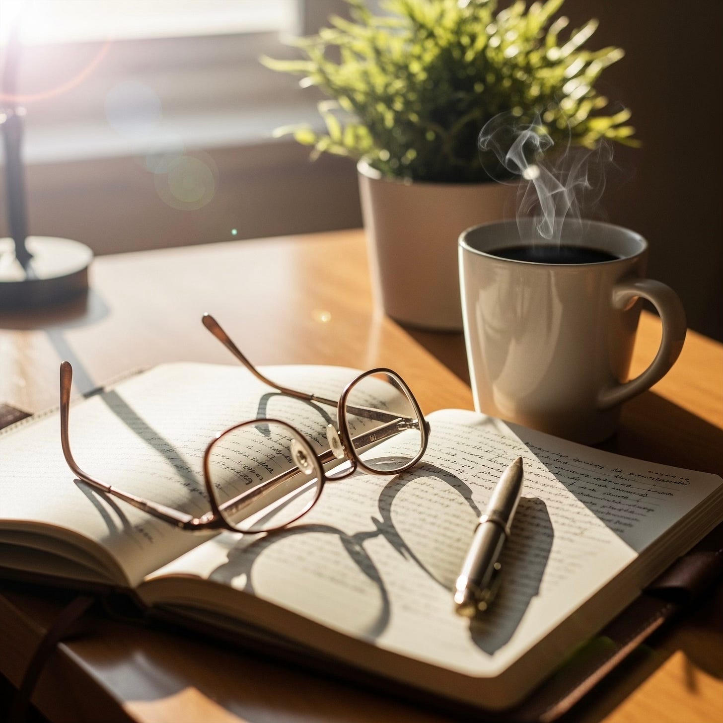 Morning sunlight streams across a desk with an open journal and pen, inviting reflection, planning, and mindful goal setting.