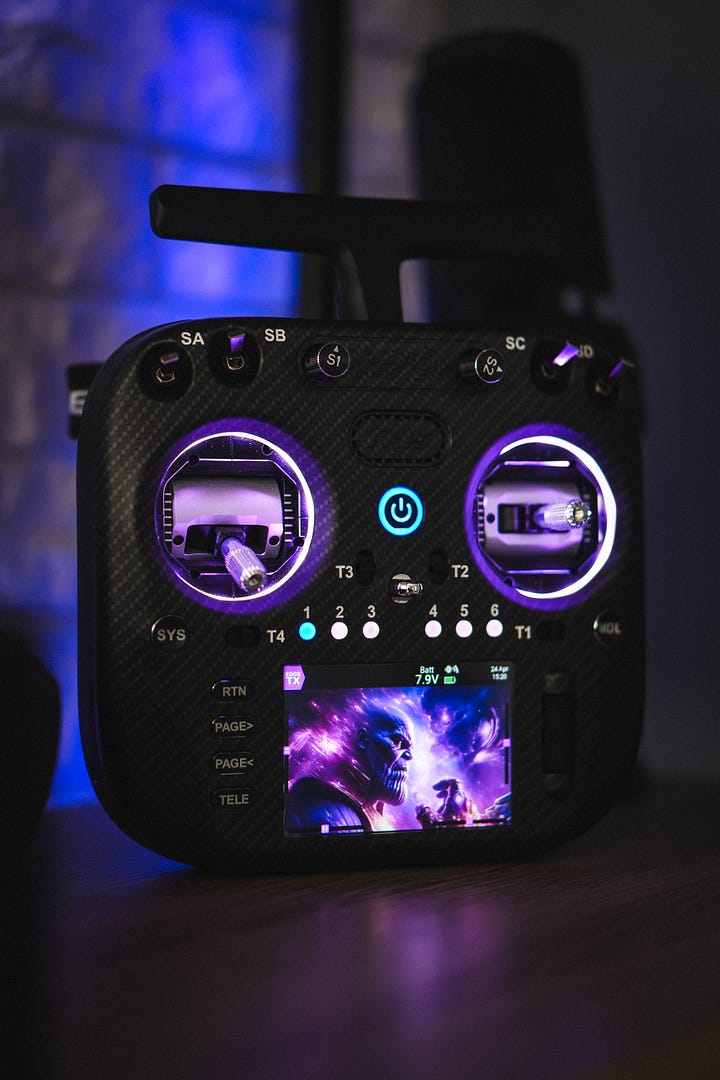 RadioMaster TX15 Max showcasing different color themes, including red, purple, green, blue with beautiful led and AG02 sticks