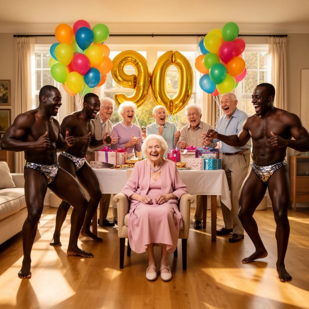 elderly woman celebrating her 90th birthday party with family and elderly friends with presents and 4 black male strippers in g strings