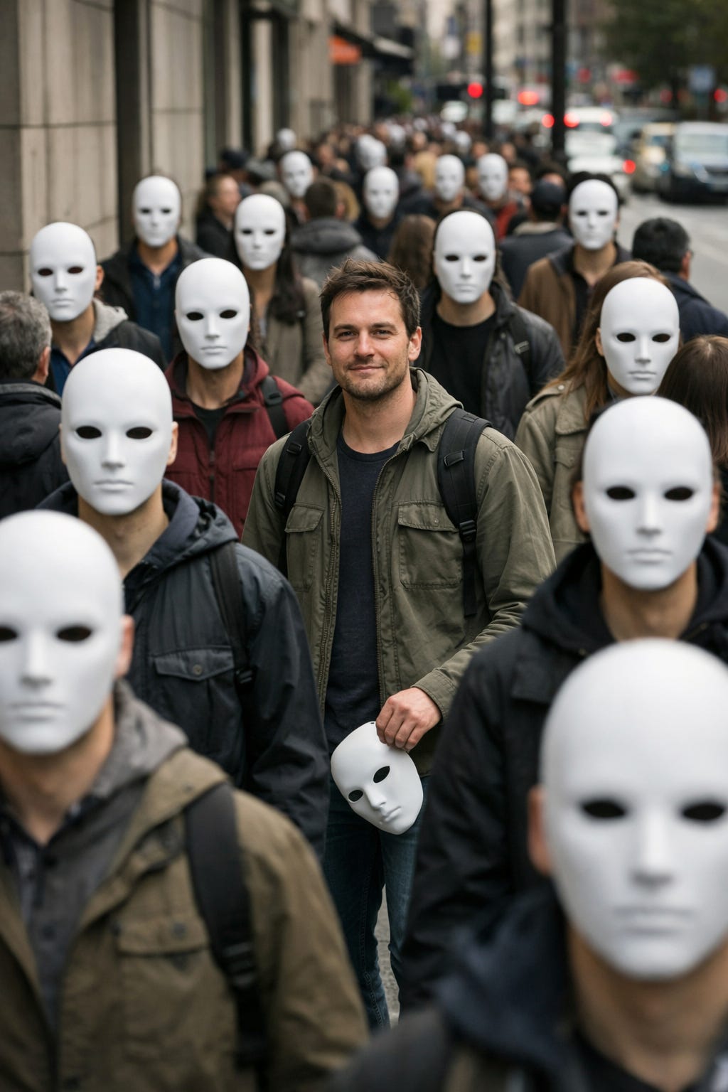A candid, eye-level photo of a busy crowd moving along a city sidewalk, bordered by a building facade and a street. Nearly everyone in the dense crowd wears a plain, expressionless white mask. Near the center, a man with a calm, relaxed expression is unmasked and holding his white mask loosely in his hand at his side. He wears a casual jacket and backpack, blending into the everyday urban setting.
