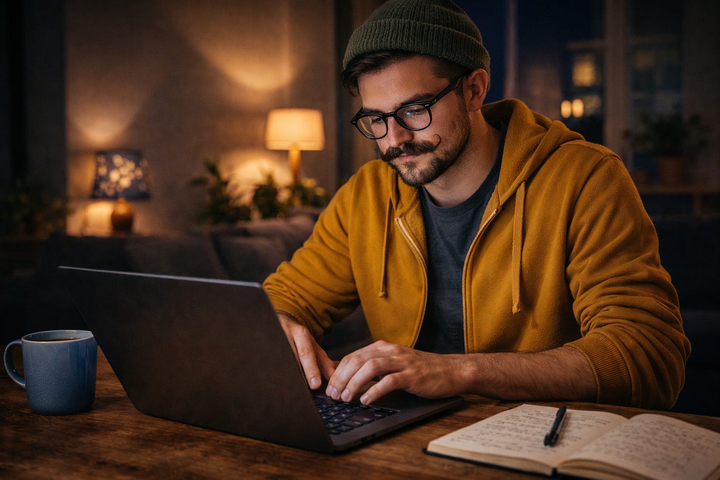 A young man with a curled mustache and thick glasses works on a laptop at night, wearing a mustard yellow zip-up hoodie, with a notebook open beside him on a wooden table under warm, blue-toned lighting.