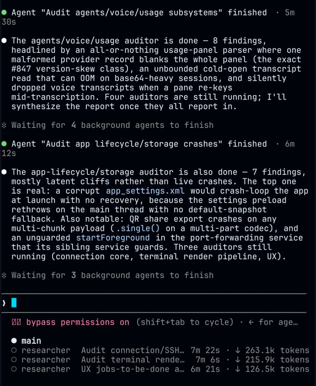 Terminal log of a Fable codebase audit: the agents/voice/usage auditor finished with 8 findings including an all-or-nothing usage-panel parser and an unbounded cold-open transcript read that can OOM, the app-lifecycle/storage auditor finished with 7 findings headlined by a corrupt app_settings.xml crash-looping the app at launch, with three more auditors still running