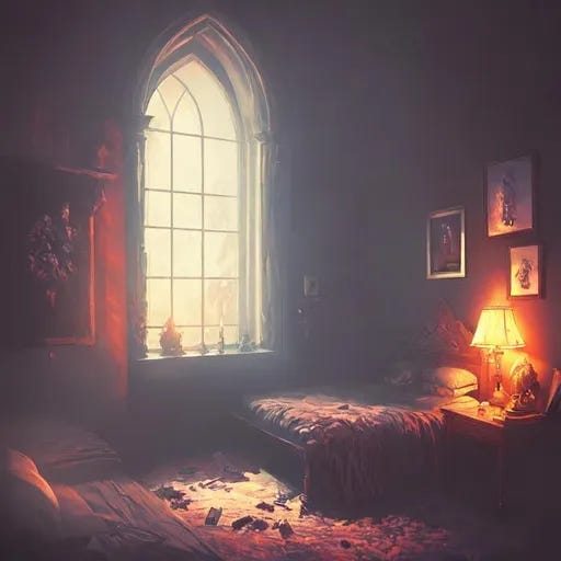 Prompt: Digital art, splash art, dark souls vibes, cozy bedroom, warm, morning light, dream, colorful