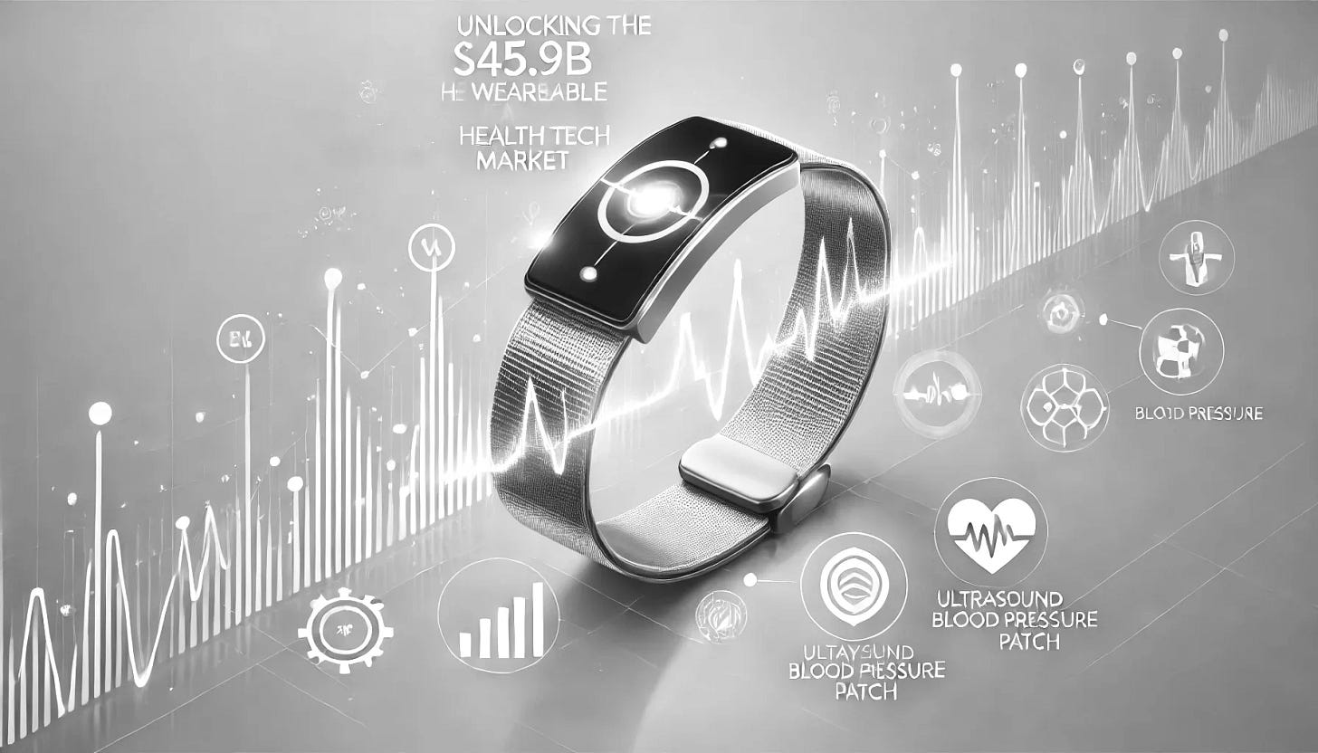 A clean and simple horizontal illustration for the topic 'Unlocking the $45.9B Wearable Health Tech Market: How the Ultrasound Blood Pressure Patch Could Be a Game-Changer for Investors.' The image features a futuristic wristband with a glowing ultrasound wave graphic. On one side, a graph showing rising market trends, and on the other, icons representing health data like a heart, blood pressure, and connectivity. The background is sleek and modern, with light blue and white tones, suitable for health tech and investment themes.