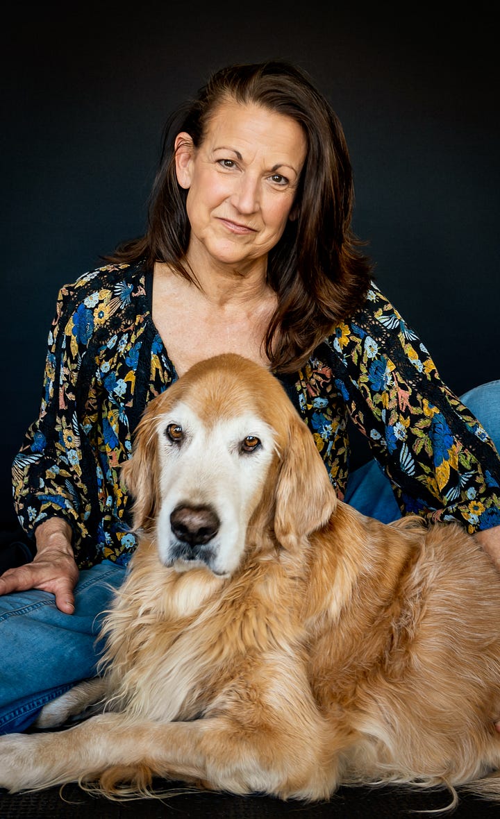 Images of a woman and her two dogs