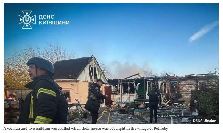 Na obrázku môže byť oheň a text, v ktorom sa píše „ើ" ង្កើ KИЙBwИHИ ACC A woman and two children were killed when their house was set alight in the village of Pohreby DSNSUkraine DSNS Ukraine“