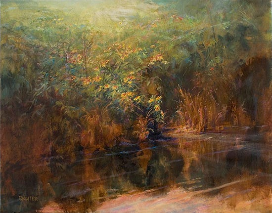 Sawtooth Sunflowers Cottonwood River, oil by Matthew Richter oil painting of sunflowers and water, by matthew richter