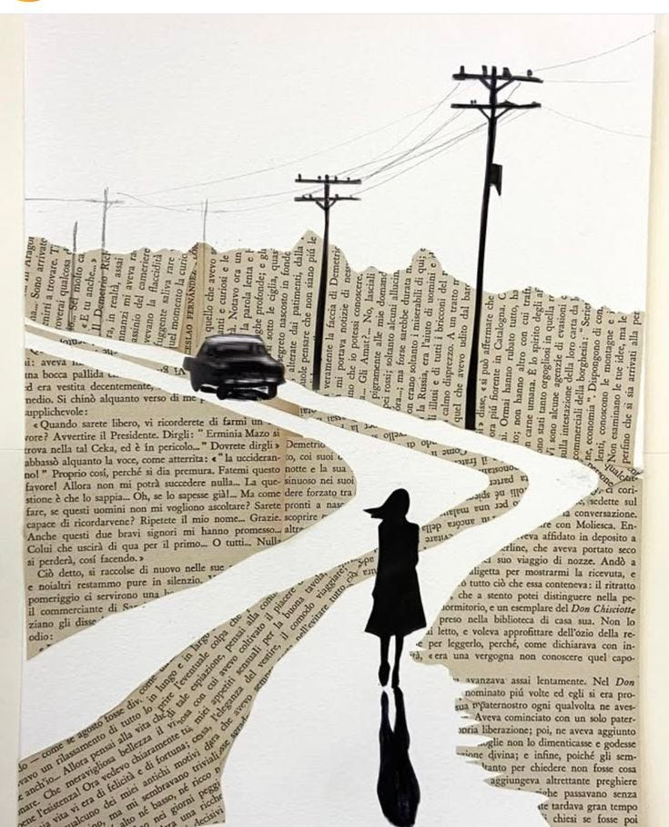 This may contain: a woman walking down a street next to a car on a road covered in words