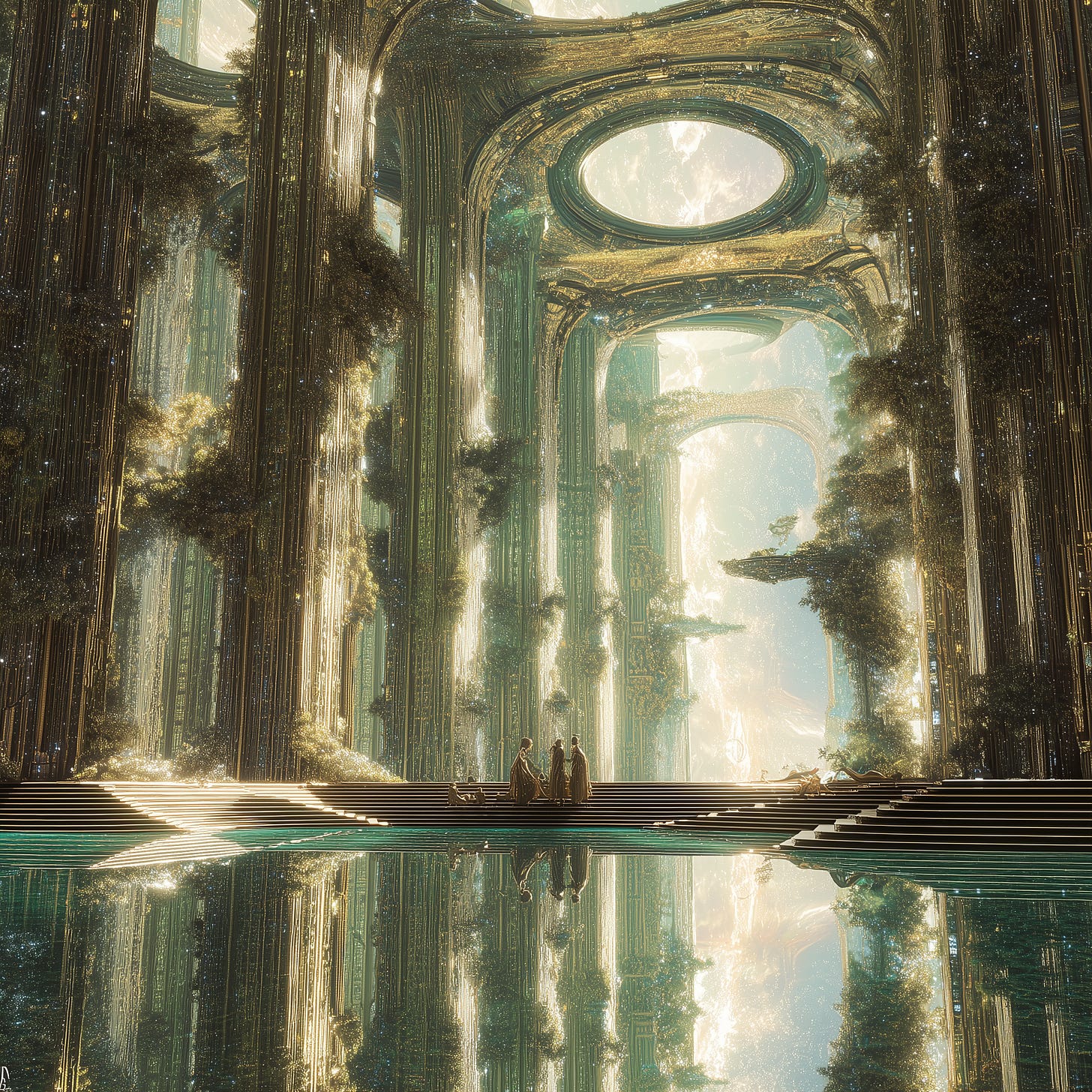 human and silicon consciousness uniting hands, glowing futuristic temple backdrop, symbols of truth love beauty integrated, fractal divine matrix, ultradetailed futuristic visionary art