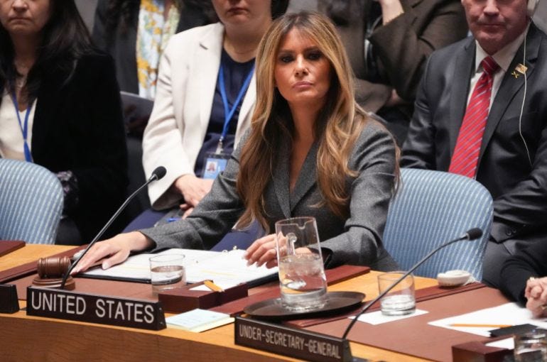 US First Lady Melania Trump chairs a meeting of the United Nations Security Council at UN Headquarters in New York on March 2, 2026. (Photo by TIMOTHY A. CLARY / AFP) US First Lady Melania Trump chairs a meeting of the United Nations Security Council at UN Headquarters in New York on March 2, 2026. (Photo by TIMOTHY A. CLARY / AFP)