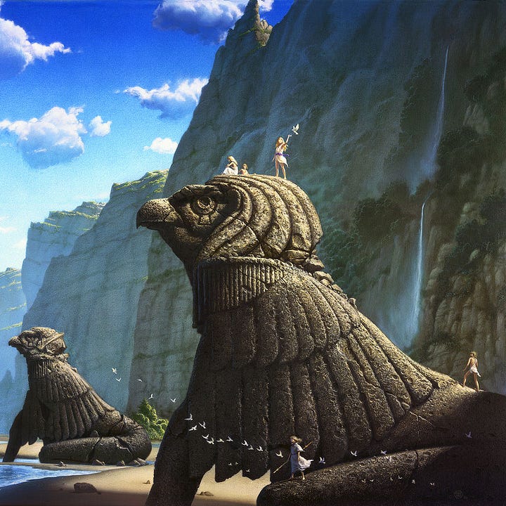 LEFT: Detail from SENTINELS featuring children standing on statues with hawk-like faces. One of the children on top of the head reaches up, offering an approaching dove a perch to land upon. RIGHT: Background detail from SENTINELS featuring a line of statues that progressively erode as they extend down the shore.