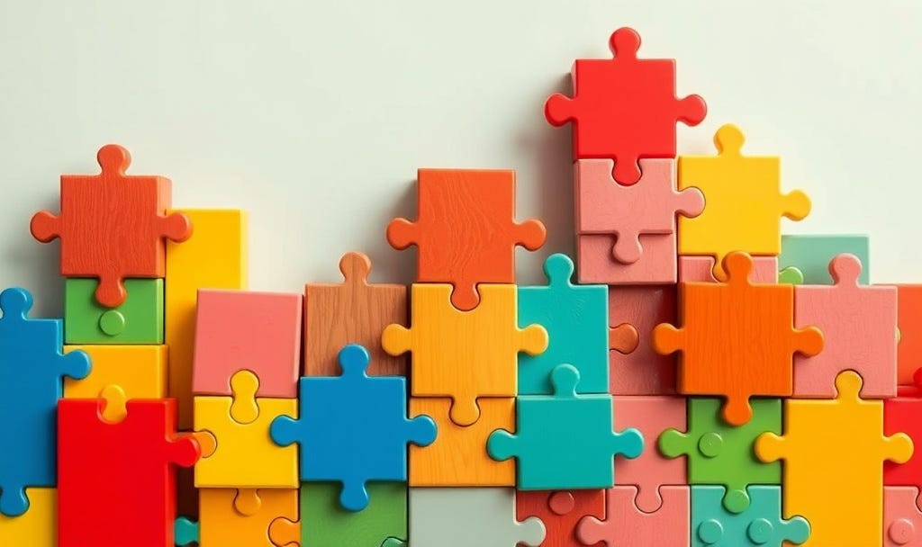 Puzzle pieces or building blocks in audio-themed colors