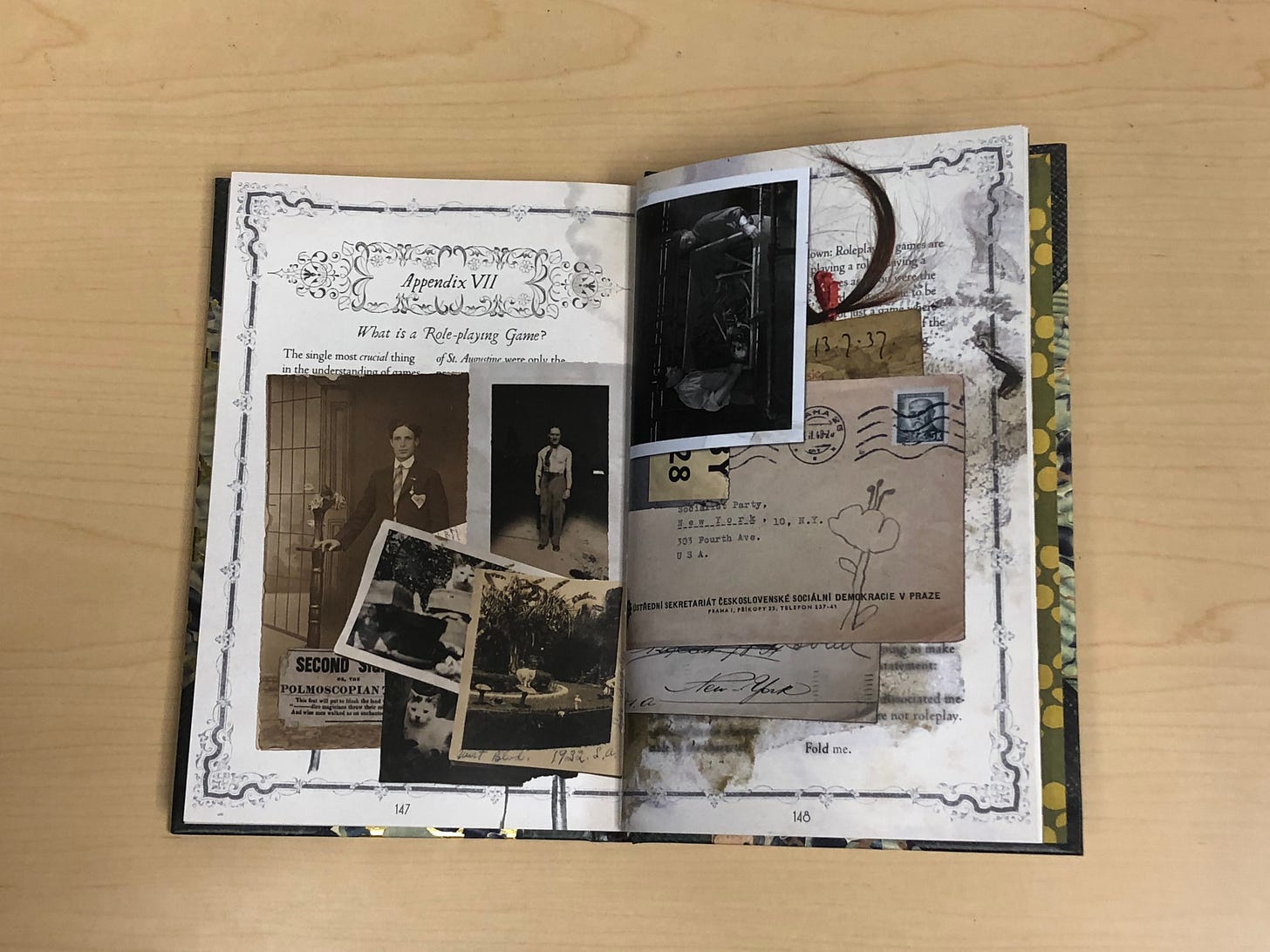 A book’s pages are littered with mysterious old photographs of people, cats, humans carrying a box containing a skeleton. The scans also feature a mysterious letter, scraps of mail, and a lock of hair.