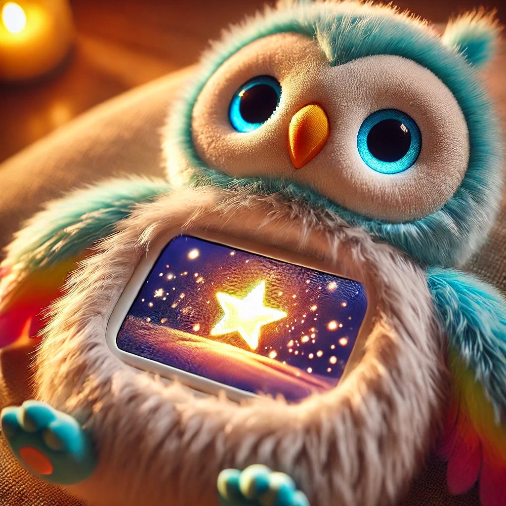 A close-up photo-realistic depiction of the belly screen of a fluffy toy owl with blue feathers and rainbow-colored wings. The screen is embedded seamlessly in the owl's soft design and displays a poignant animation-like image of a bright star fading, leaving behind a trail of smaller, sparkling stars. The glowing screen contrasts beautifully with the softness of the owl, emphasizing the emotional and magical quality of the moment. The setting is warm and child-friendly, with soft lighting adding to the comforting atmosphere.