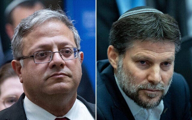 Left: National Security Minister Itamar Ben Gvir, January 16, 2025; Right: Finance Minister Bezalel Smotrich, January 13, 2025. (Both photos by Yonatan Sindel/Flash90)