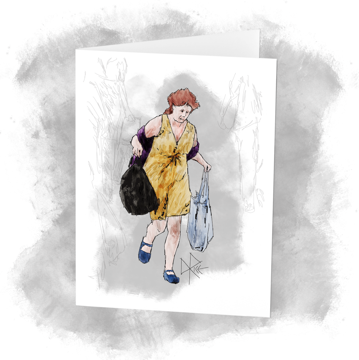A woman runs through an airport terminal, late for a connecting flight. Sketch art by Don Rice. A woman runs through an airport terminal, late for a connecting flight. Sketch art by Don Rice.