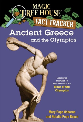 Cover of 'Magic School House Fact Tracker: Ancient Greece and the Olympics,' featuring a chaste no butt/no genitals nude marble statue of a discus thrower. Cover of 'Magic School House Fact Tracker: Ancient Greece and the Olympics,' featuring a chaste no butt/no genitals nude marble statue of a discus thrower.