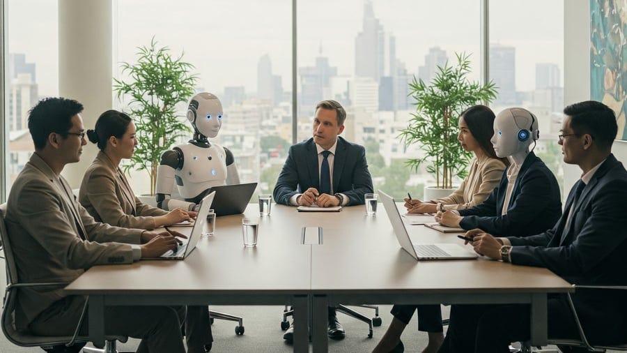 A business meeting is taking place in a modern office with six people and two humanoid robots seated around a conference table, using laptops and taking notes. A business meeting is taking place in a modern office with six people and two humanoid robots seated around a conference table, using laptops and taking notes.