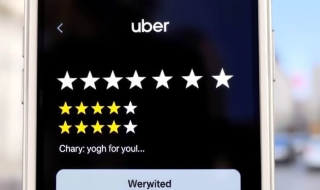 Uber Rider rating displayed in the Uber app, showing a 4 out of 5 score Uber Rider rating displayed in the Uber app, showing a 4 out of 5 score