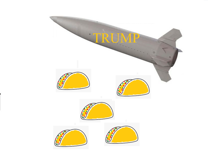An American ATACMS missile in the air with 'Trump' written on the side, dropping TACOs