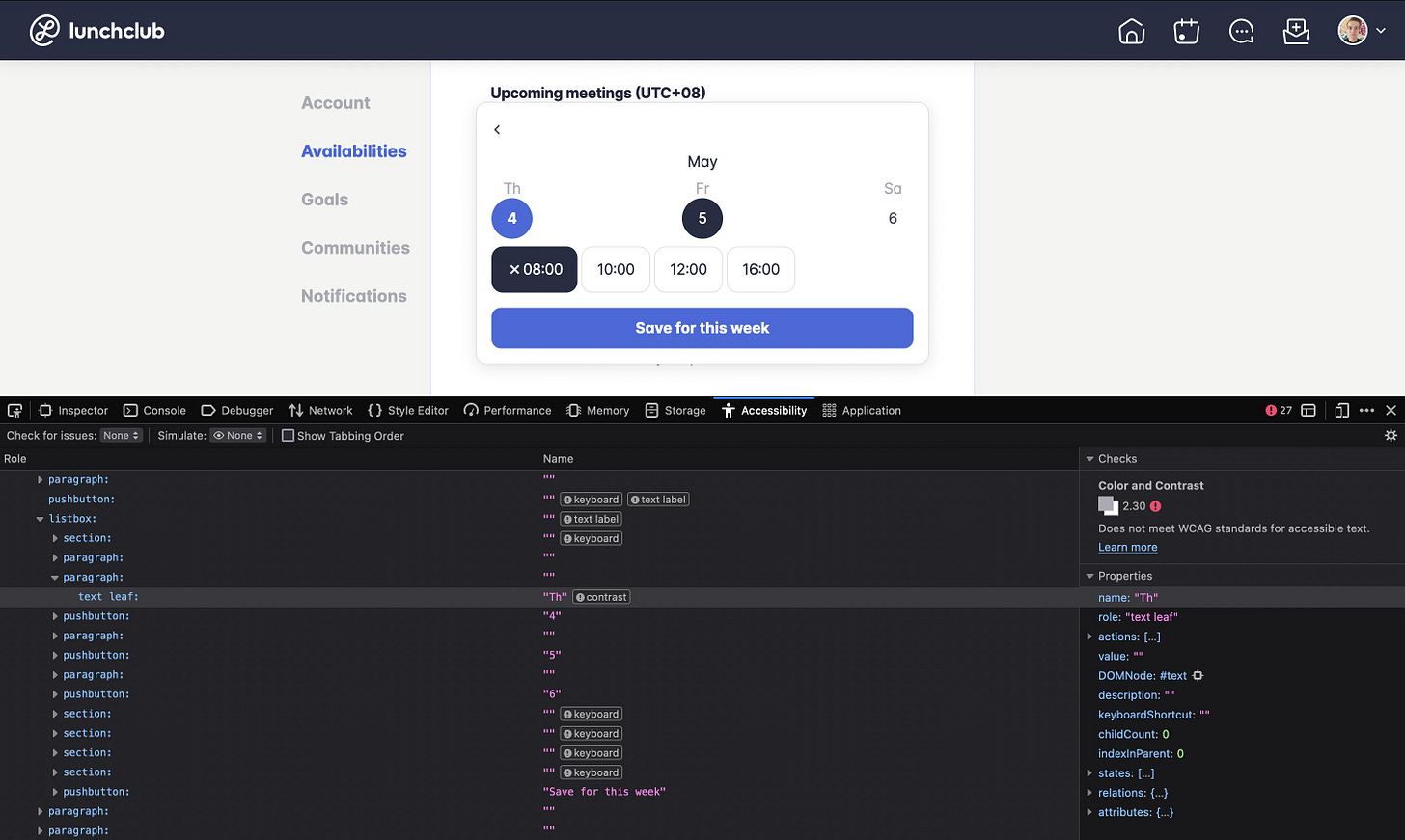 Lunchclub website, Firefox interface, Accessibility console open with many errors identified
