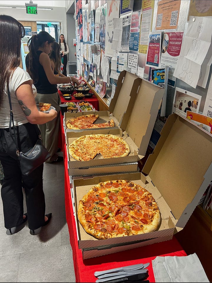 Pizzas on a table with students serving themselves; A UNM honors college cookie next to red and silver beads and crayons