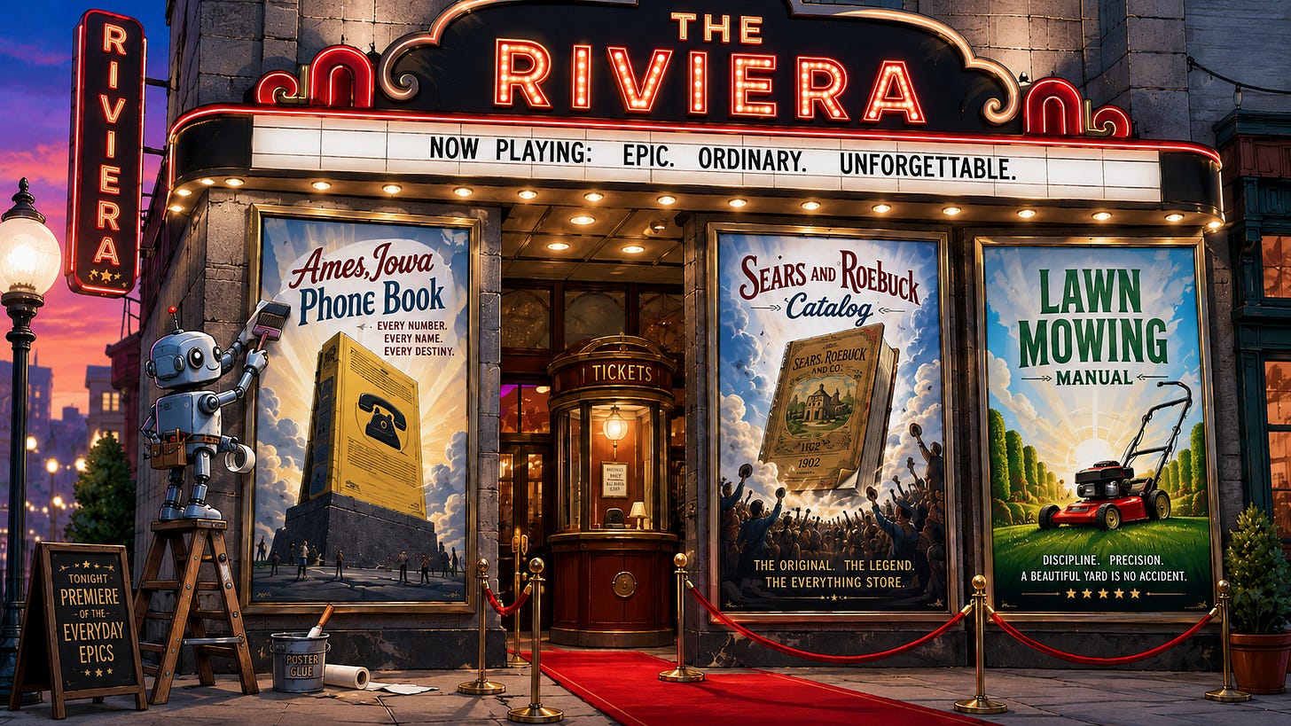 Robot pastes poster outside The Riviera theater; marquee reads “Now playing: Epic. Ordinary. Unforgettable.”
