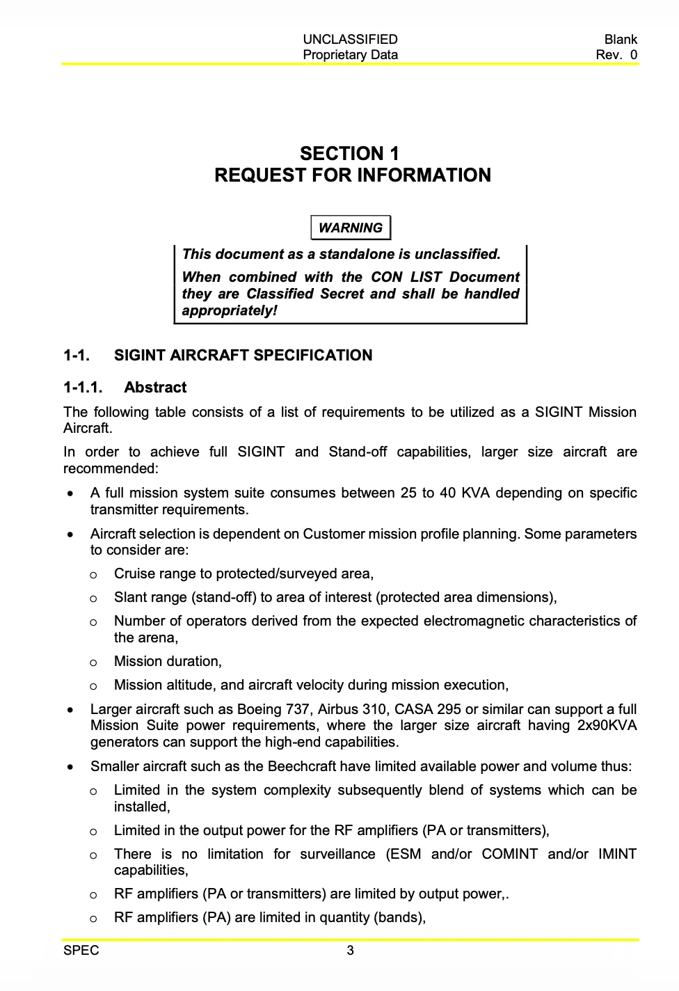الشكل 4: وثيقة طلب معلومات لـ SIGINT Aircraft Specification