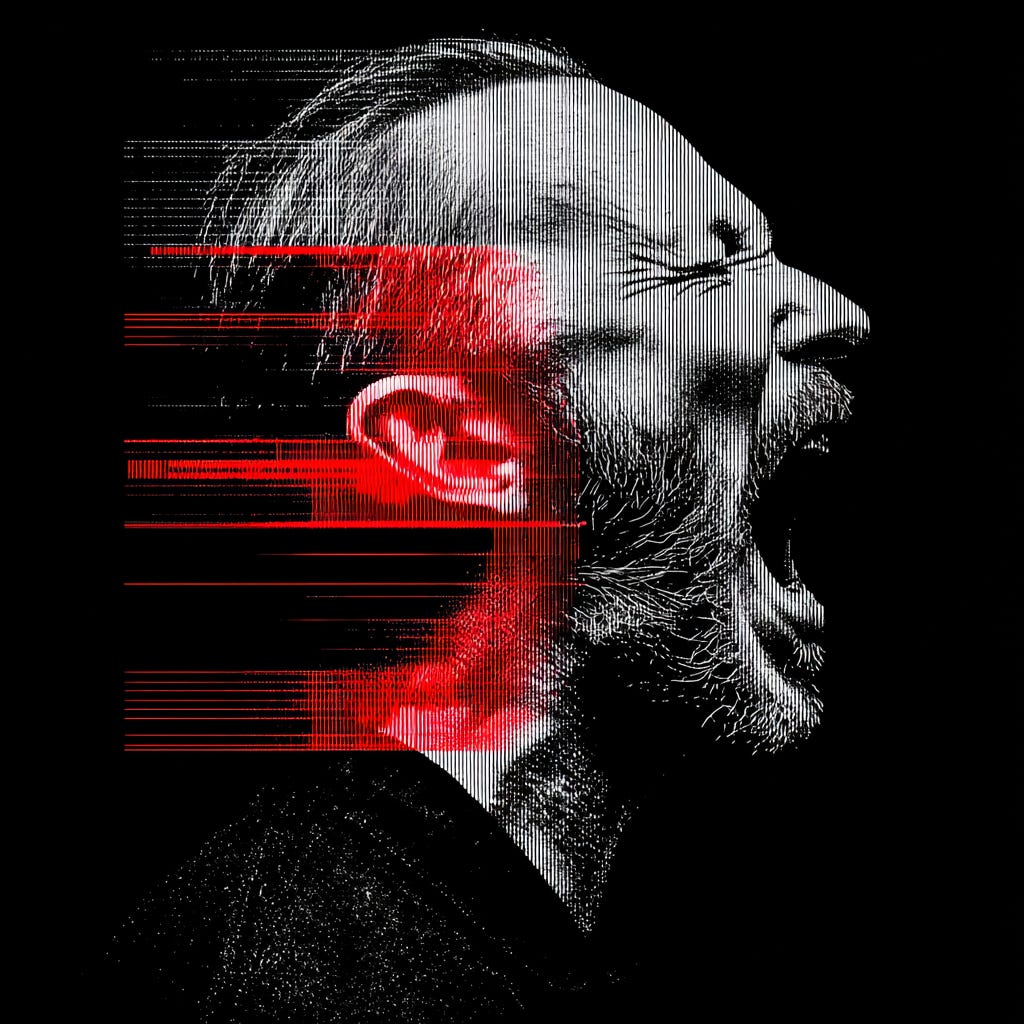 ai picture of thom yorke screaming with red motion streaks behind his head