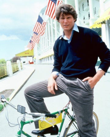 Christopher Reeve (in front of the Grand Hotel) on Mackinac Island  (Michigan)...Film location for "Some… | Grand hotel mackinac island,  Somewhere in time, Mackinac