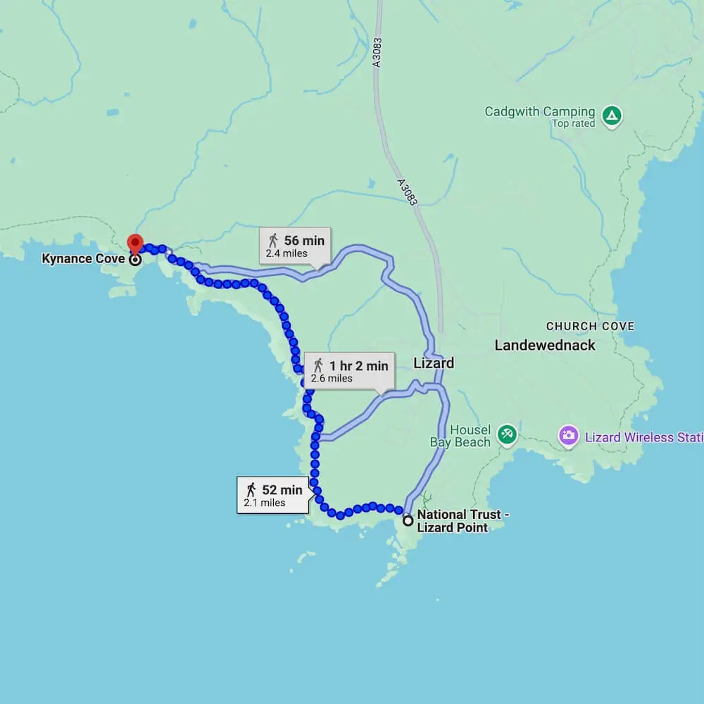Map showing the walking route from Lizard Point to Kynance Cove