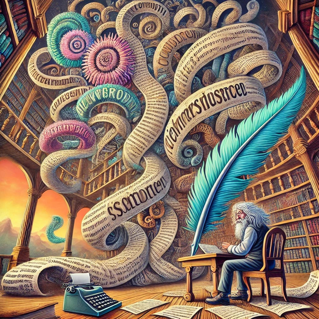 A surreal and whimsical illustration representing bloviated prose. The scene features an overly ornate, giant quill writing excessively long and elaborate sentences that spiral into the air like exaggerated clouds of text. The words become tangled in intricate loops, overly embellished with flourishes, while a frustrated reader sits below, overwhelmed by the nonsensical beauty of it all. The background is a fantastical library with towering bookshelves and floating pages. The overall tone is humorous and exaggerated, capturing the essence of overly complex and verbose writing. The style is vibrant and detailed with a touch of absurdity. A surreal and whimsical illustration representing bloviated prose. The scene features an overly ornate, giant quill writing excessively long and elaborate sentences that spiral into the air like exaggerated clouds of text. The words become tangled in intricate loops, overly embellished with flourishes, while a frustrated reader sits below, overwhelmed by the nonsensical beauty of it all. The background is a fantastical library with towering bookshelves and floating pages. The overall tone is humorous and exaggerated, capturing the essence of overly complex and verbose writing. The style is vibrant and detailed with a touch of absurdity.