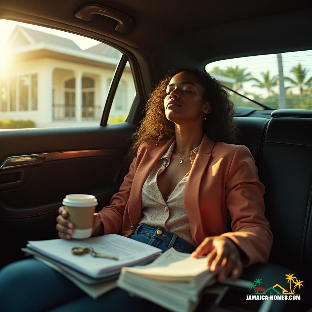 A Jamaican female realtor, stylish in a crisp business attire, visibly overworked, sits in her car, surrounded by real estate documents, a laptop bag, and a phone, with a coffee cup, folders, and keys scattered around, warm tropical sunlight casting a cinematic glow, her exhausted yet determined expression reflected in the rearview mirror, outside, a modern Caribbean-style house with swaying palm trees, film grain and vignette adding depth, color graded to evoke a sense of fatigue and determination, shot on 35mm film with cinematic lighting, Noe Alcantara, Ash Thorp, and Simon Stalenhag's atmospheric and dramatic styles infused.