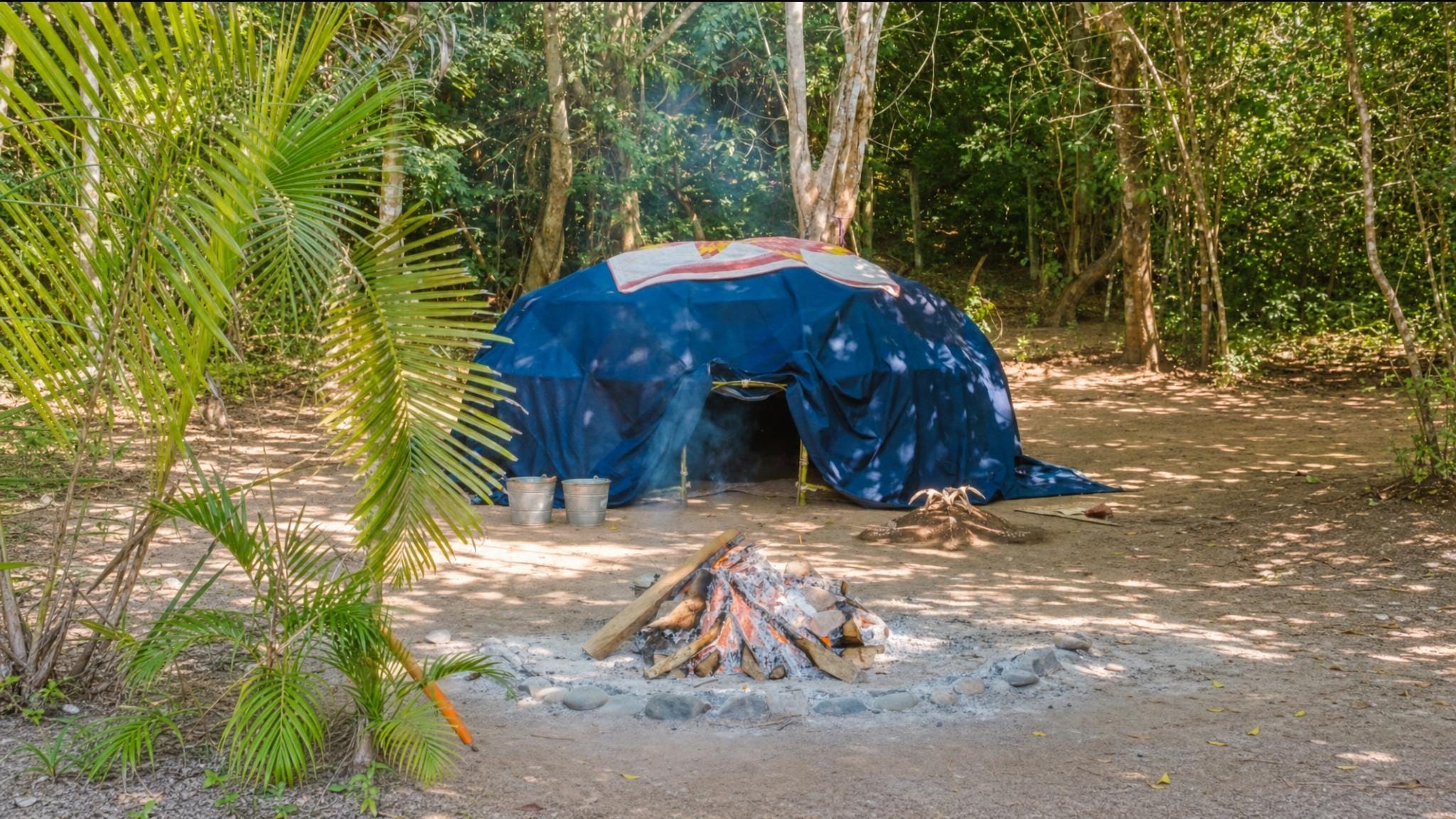 A sweat lodge covered in blue tarps and a quilt in a jungle clearing, stones heating in a fire pit in the foreground