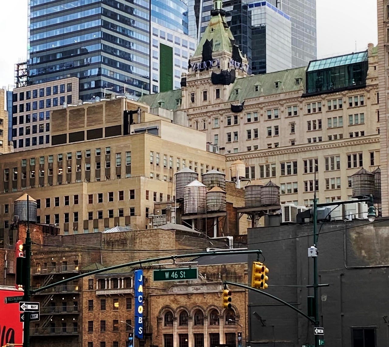 A pressure of water towers on the roofs of the Schoenfeld, Jacobs, and Golden theatres.