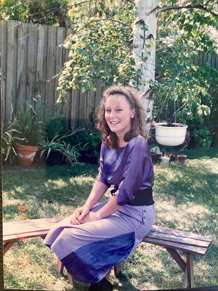 Four images of a young white woman. In one she is smiling, sitting in a garden. In another she is climbing on timber at a water's edge, another she's walking along a beach looking serious and the last she looks like she has a secret