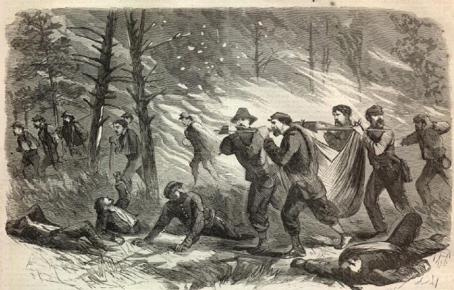 old engraving of civil war soldiers fleeing a fire in the woods