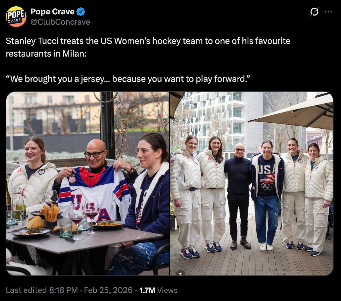 Stanley Tucci treats the US Women’s hockey team to one of his favourite restaurants in Milan: “We brought you a jersey… because you want to play forward.” Stanley Tucci treats the US Women’s hockey team to one of his favourite restaurants in Milan: “We brought you a jersey… because you want to play forward.”