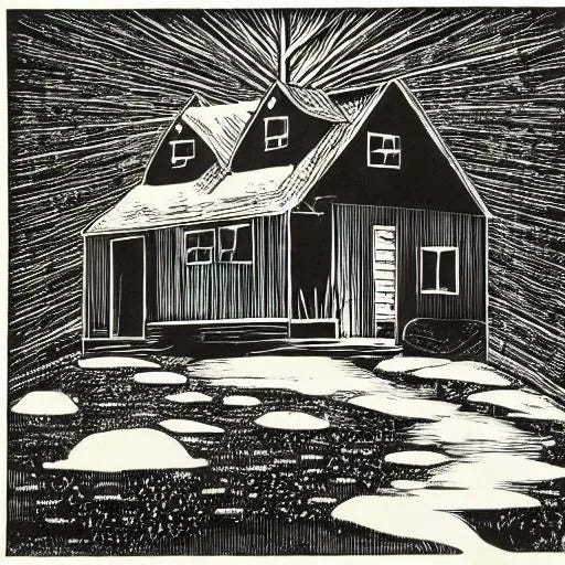 Two woodblock-style images. One of a samshackle cain and the other of a small town.