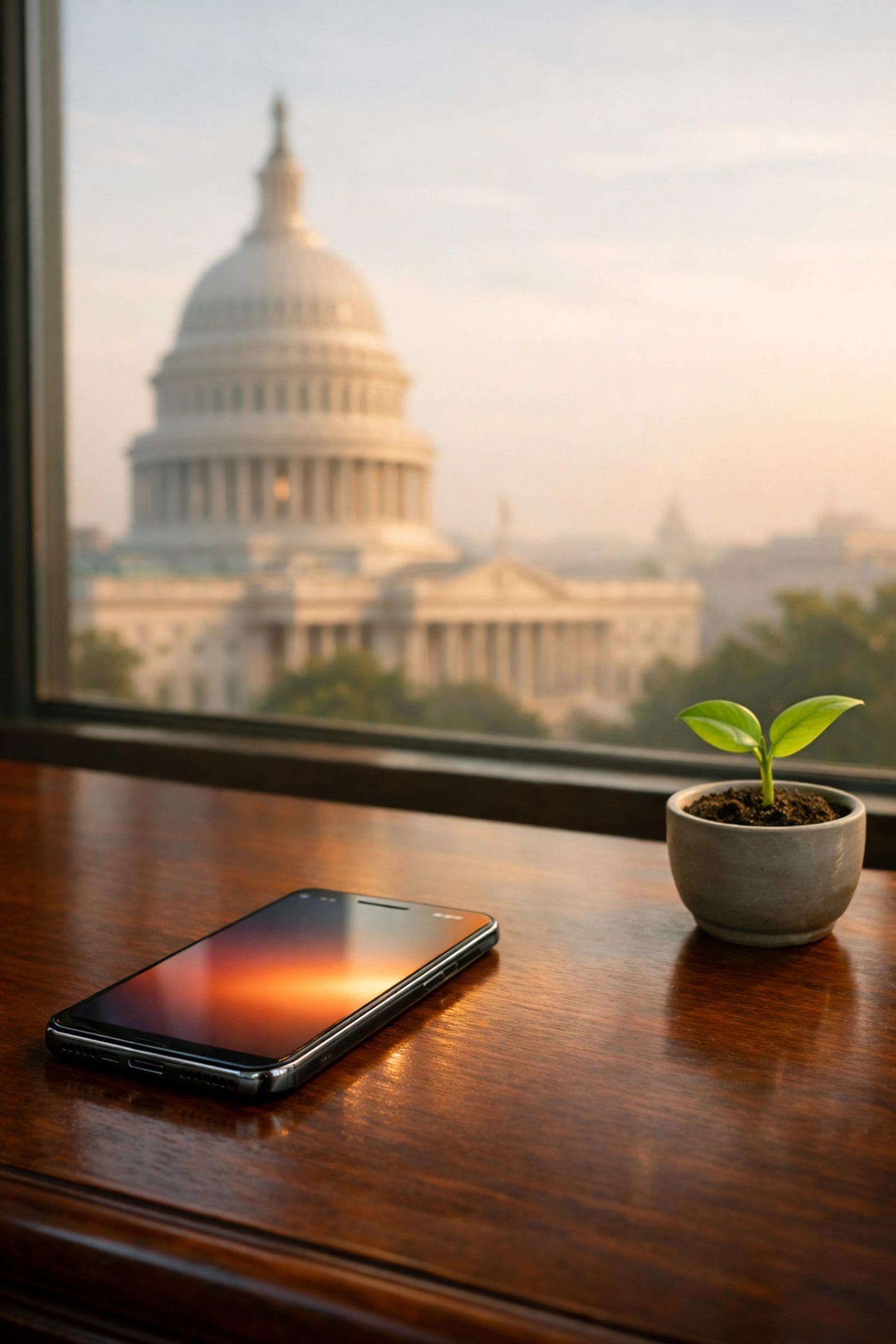 Smartphone on a desk overlooking a government building, symbolizing digital influence on tech policy.